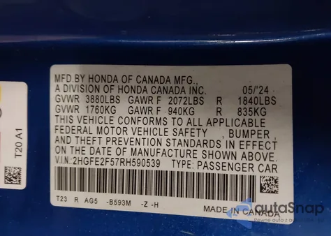 2024 Honda Civic Sport из США, поврежденный, VIN 2HGFE2F57RH590539